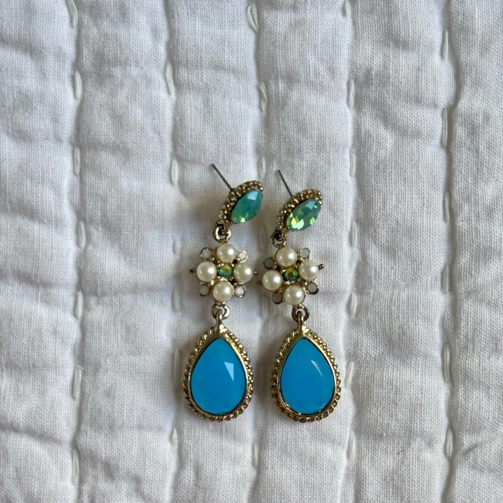 Elegant Blue, Green & Pearl Gold Drop Earrings